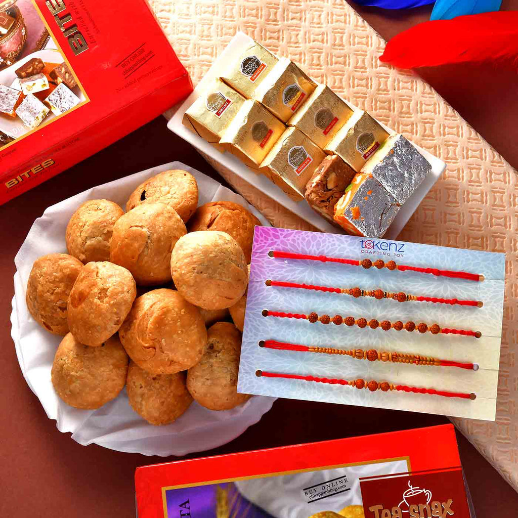 Sandalwood Beads Set Of 5 Rakhis With Mewa Bites & Mini Khasta