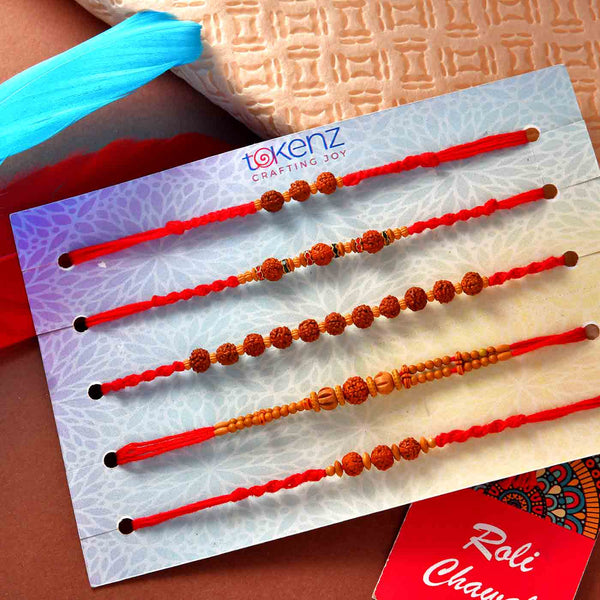 Sandalwood Beads Set Of 5 Rakhis With Mewa Bites & Mini Khasta