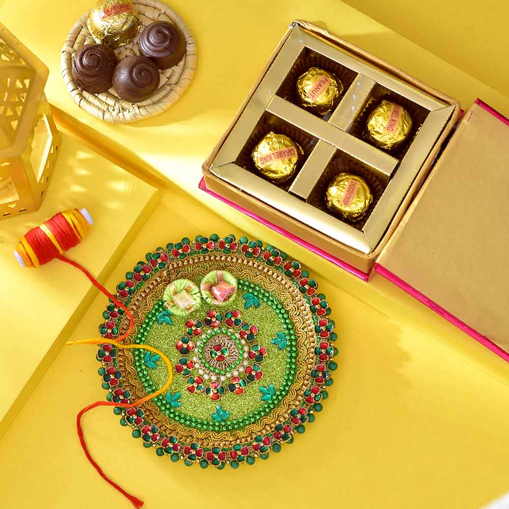 Exotic Hamper With Chocolate, Thali, Thread, Roli Chawal & Tikka