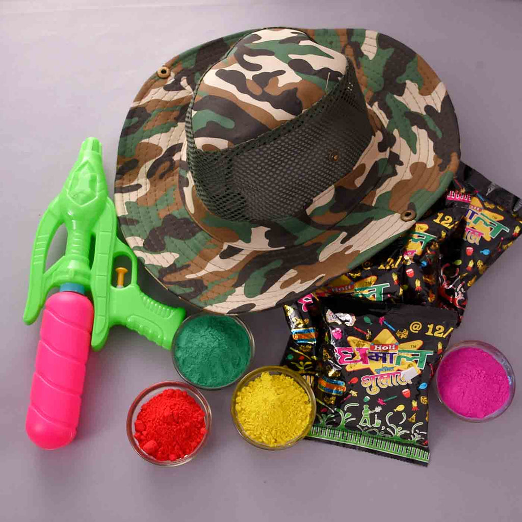 Special Camouflage Holi Hat, Water Gun & Fragrant Gulal For Holi
