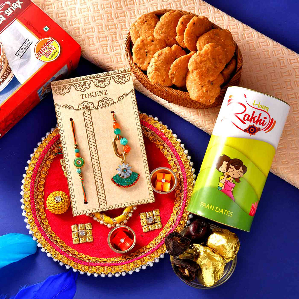 Bhaiya Bhabhi Rakhi With Mini Mathri Chocolate Paan Dates & Pooja Thali