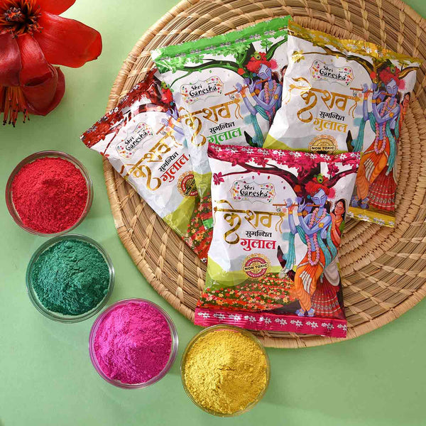 Delicious Hamper of Kesariya Gujiya with  Set of 4  Kesav Fragrant Gulal