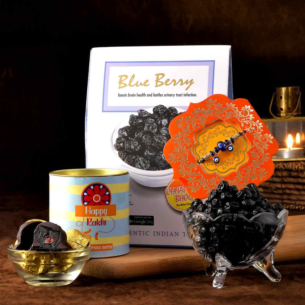 Evil Eye Rakhi With Chocolate Dipped Blueberry Dates & Blueberry
