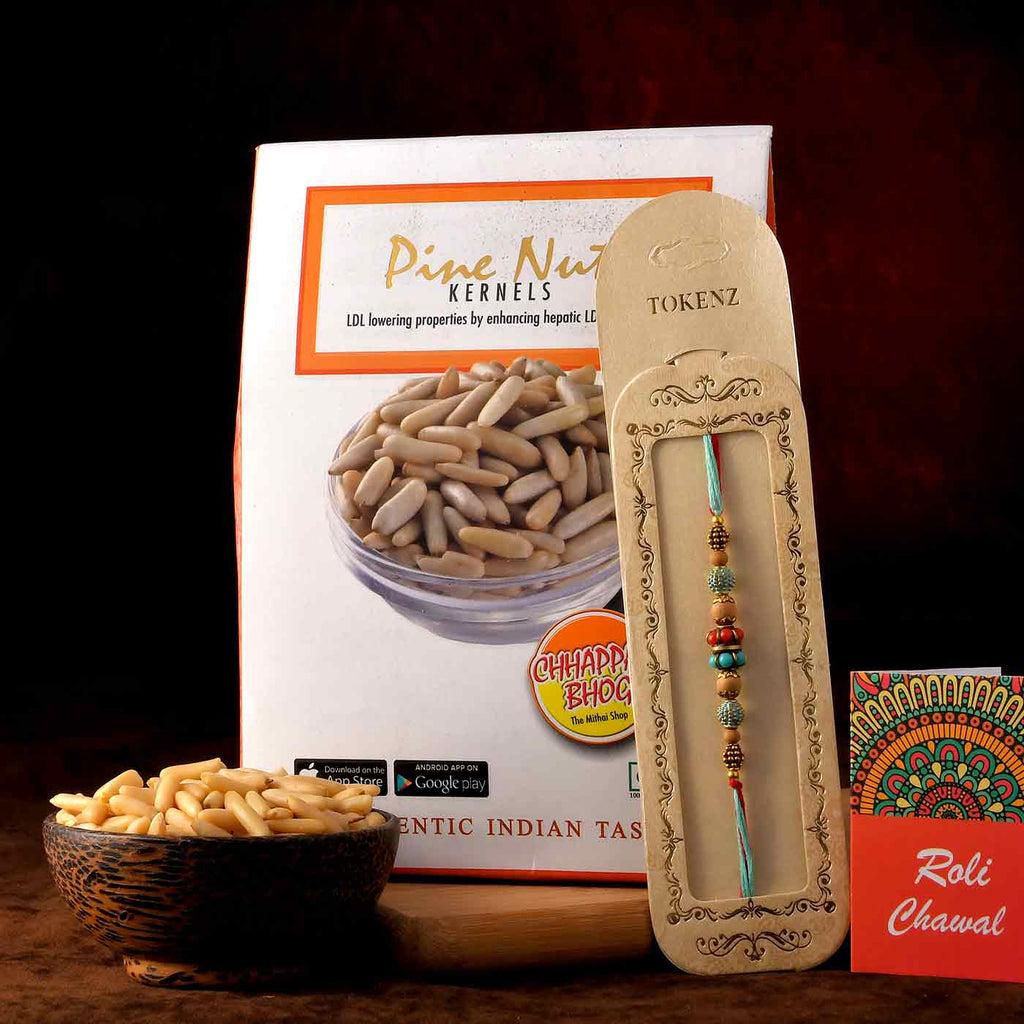 Quirky Rakhi With Exotic Chappan Bhog Pine Nuts Kernels