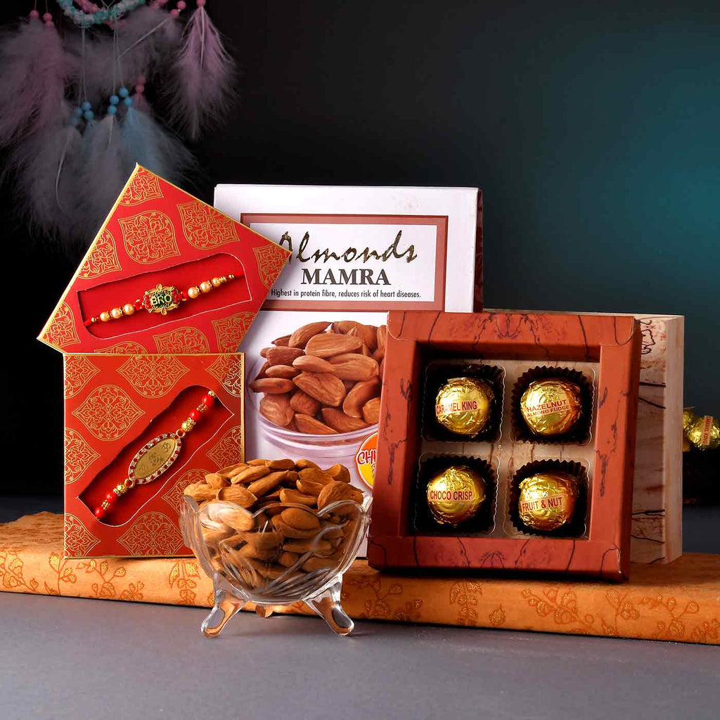 Fancy Set Of 2 Rakhis With Almond Mamra & Assorted Chocolate Box