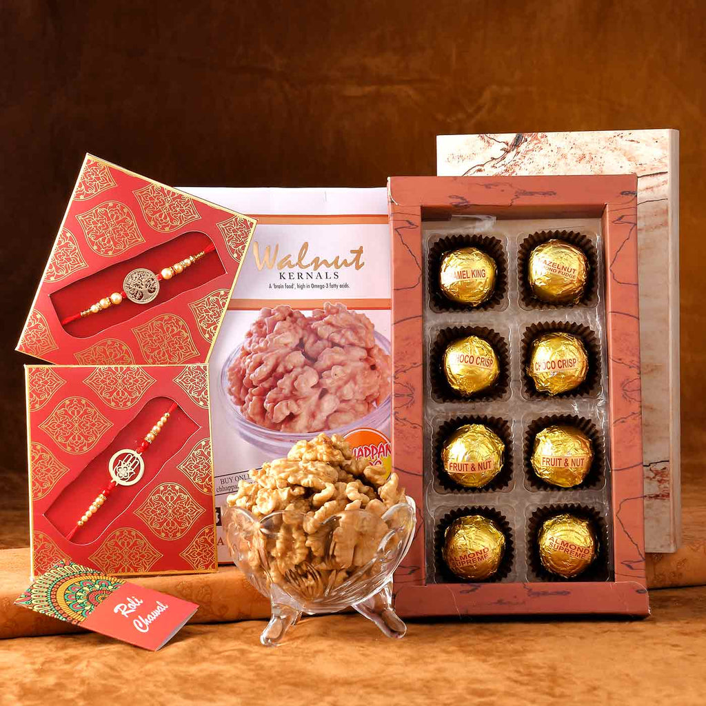 Protective Rakhis Set Of 2 With Walnut Kernels & Assorted Chocolate Box