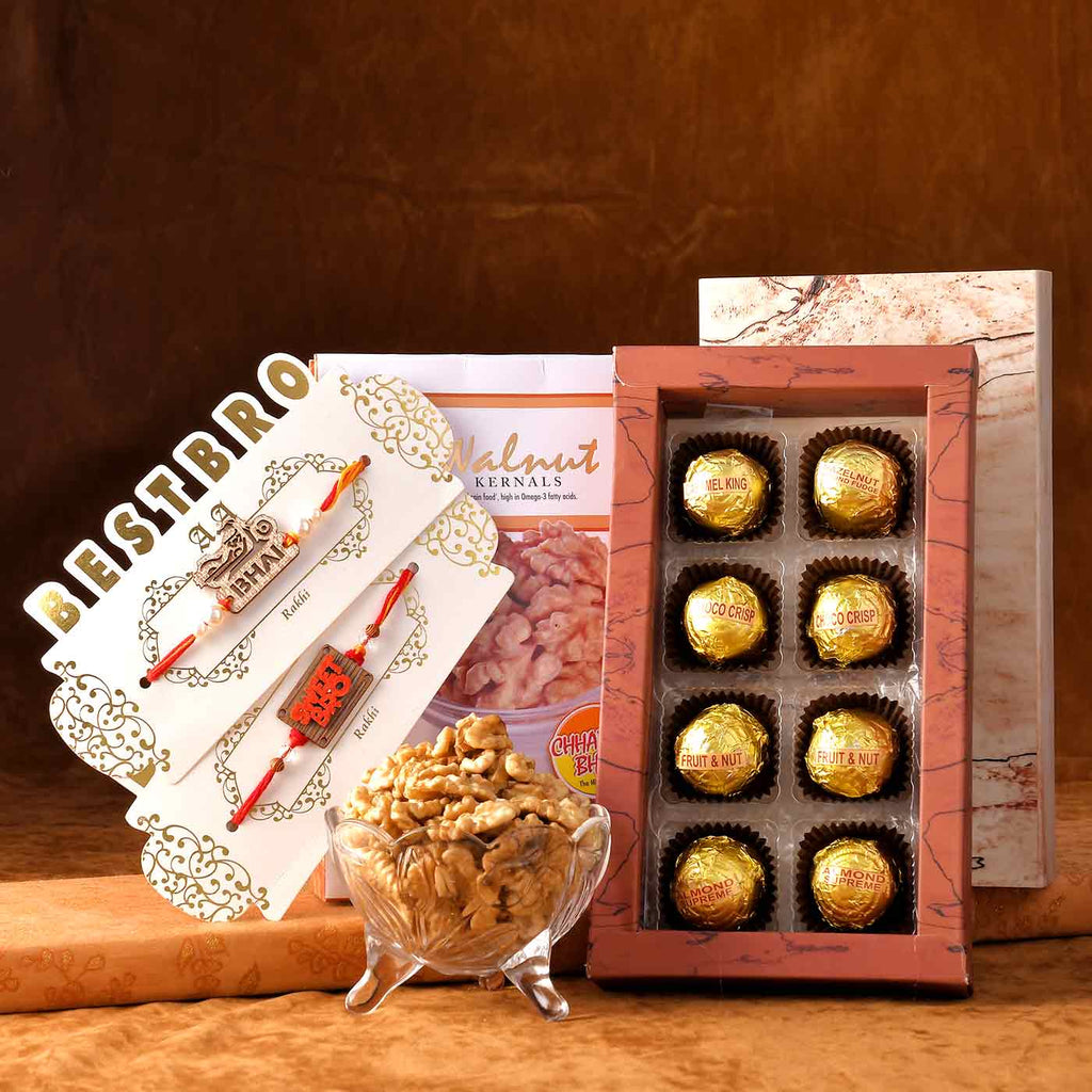 BRO Rakhi Set Of 2 With Walnut Kernels & Assorted Chocolate