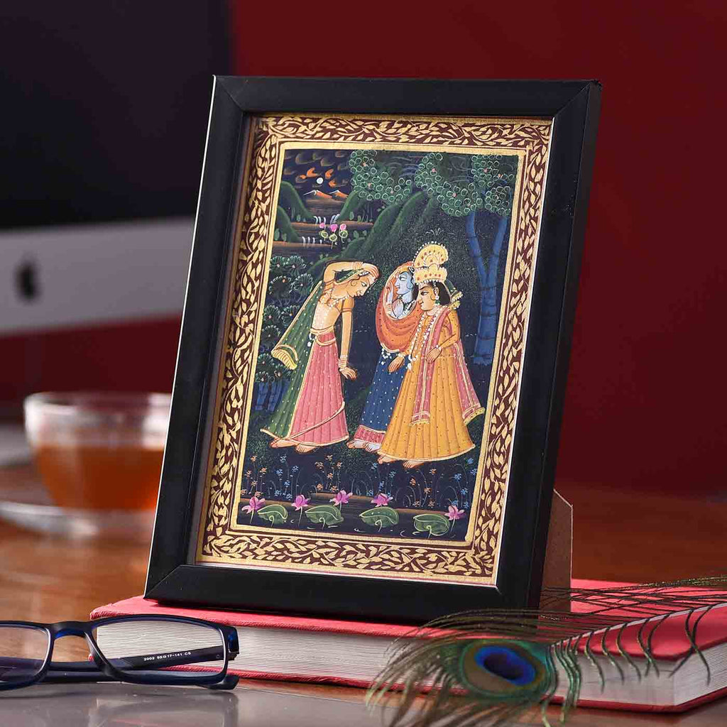 Enticing Radha-Krishna Desktop Painting (Framed, 5.5*7.5 Inches)