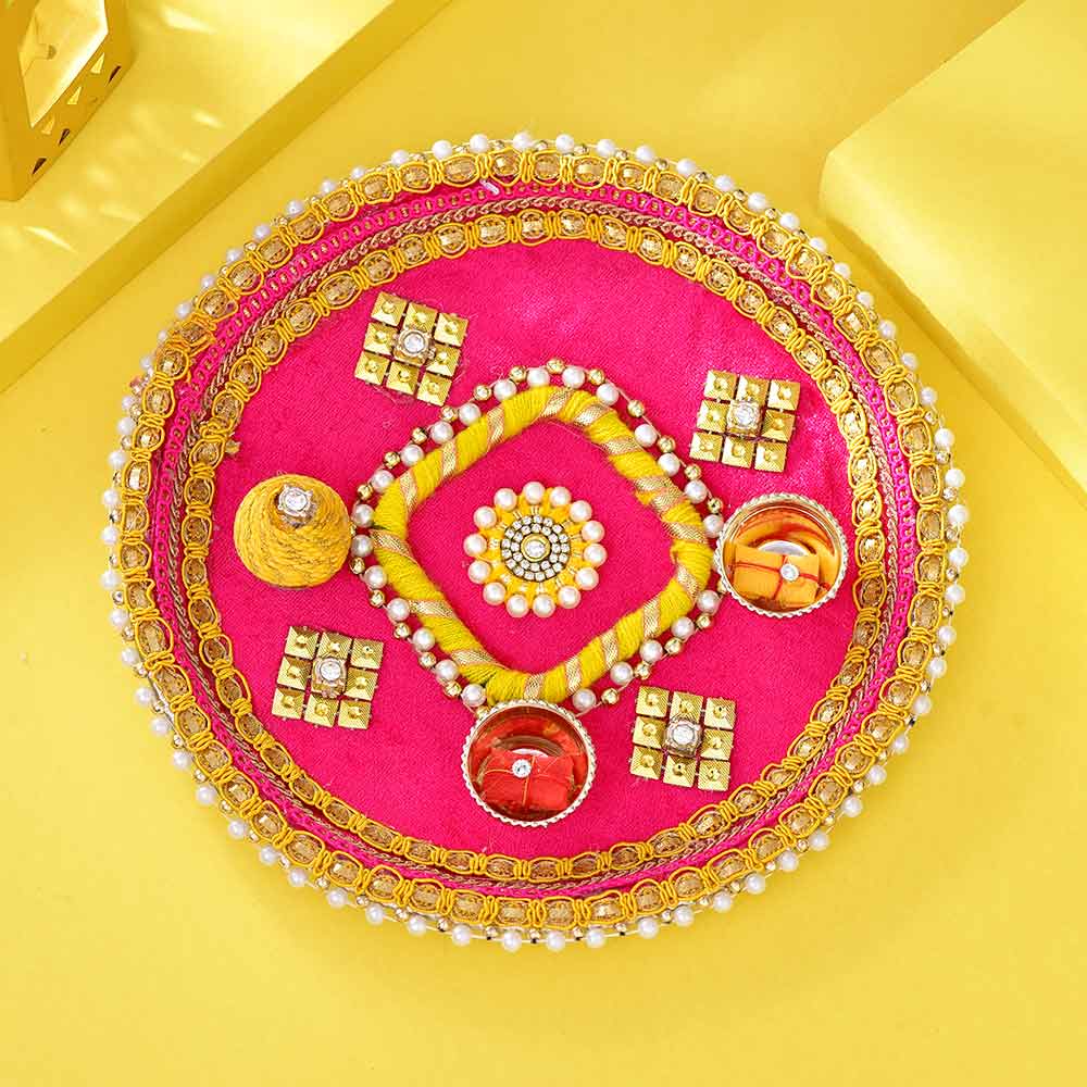 Alluring Hamper With Thali, Chocolate, Thread, Roli Chawal & Tikka – TOKENZ