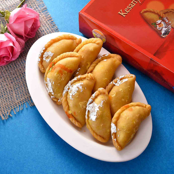 Irresistible Kesariya Gujiya with Set of 2  Kesav Fragrant Gulal