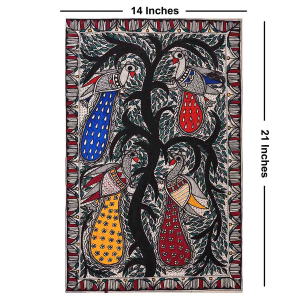 Colourful Parrots On Tree Madhubani Painting