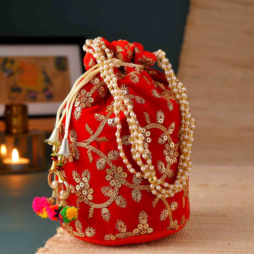 Stunning Red Zari Work Potli Bag