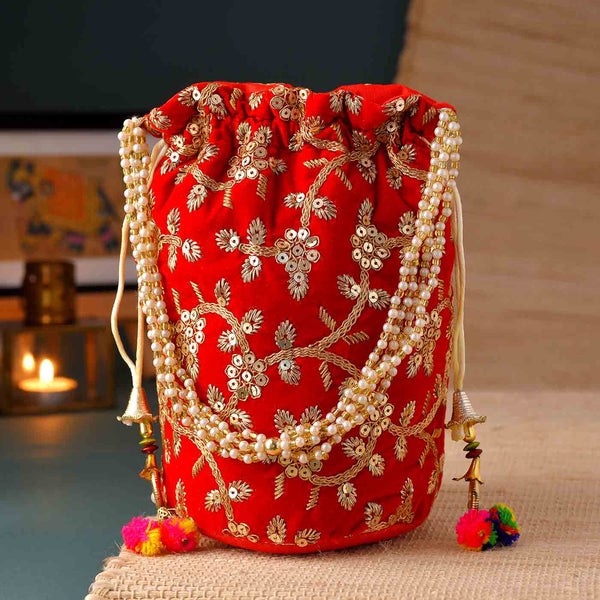 Stunning Red Zari Work Potli Bag