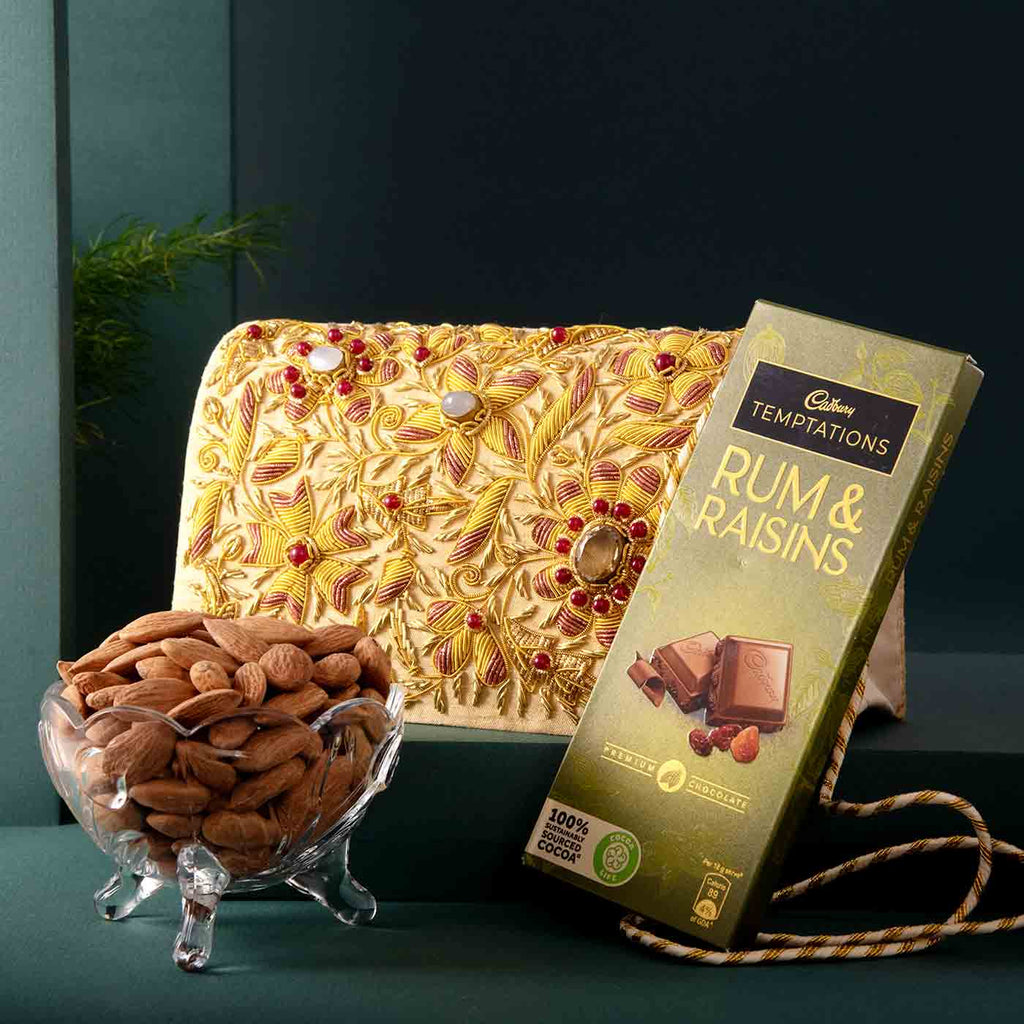 Spectacular Zari Clutch With Almonds & Cadbury's Hamper