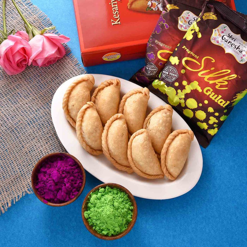 Mouthwatering Dry Gujiya Combo With Set of 2 Fragrant Silk Gulal