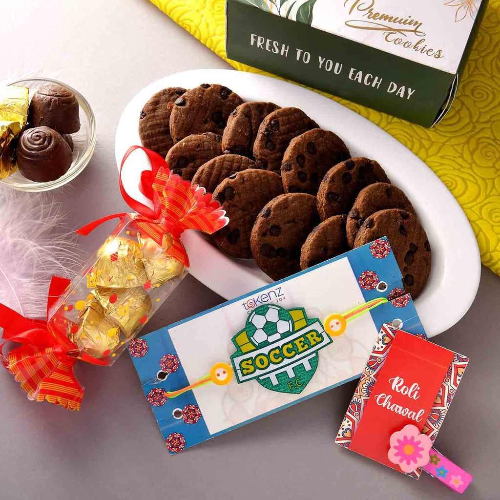 Football Rakhi With Chocochip Cookies & Assorted Chocolated Gift Pack