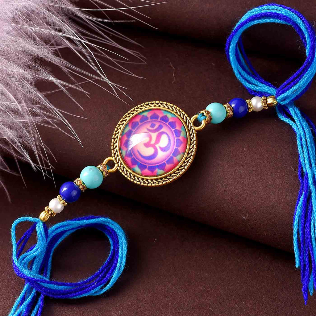 Round OM Blue Beads Rakhi
