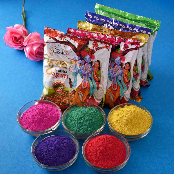 Exotic Dry Gujiya with  Set of 5 Dark Kesav Fragrant Gulal