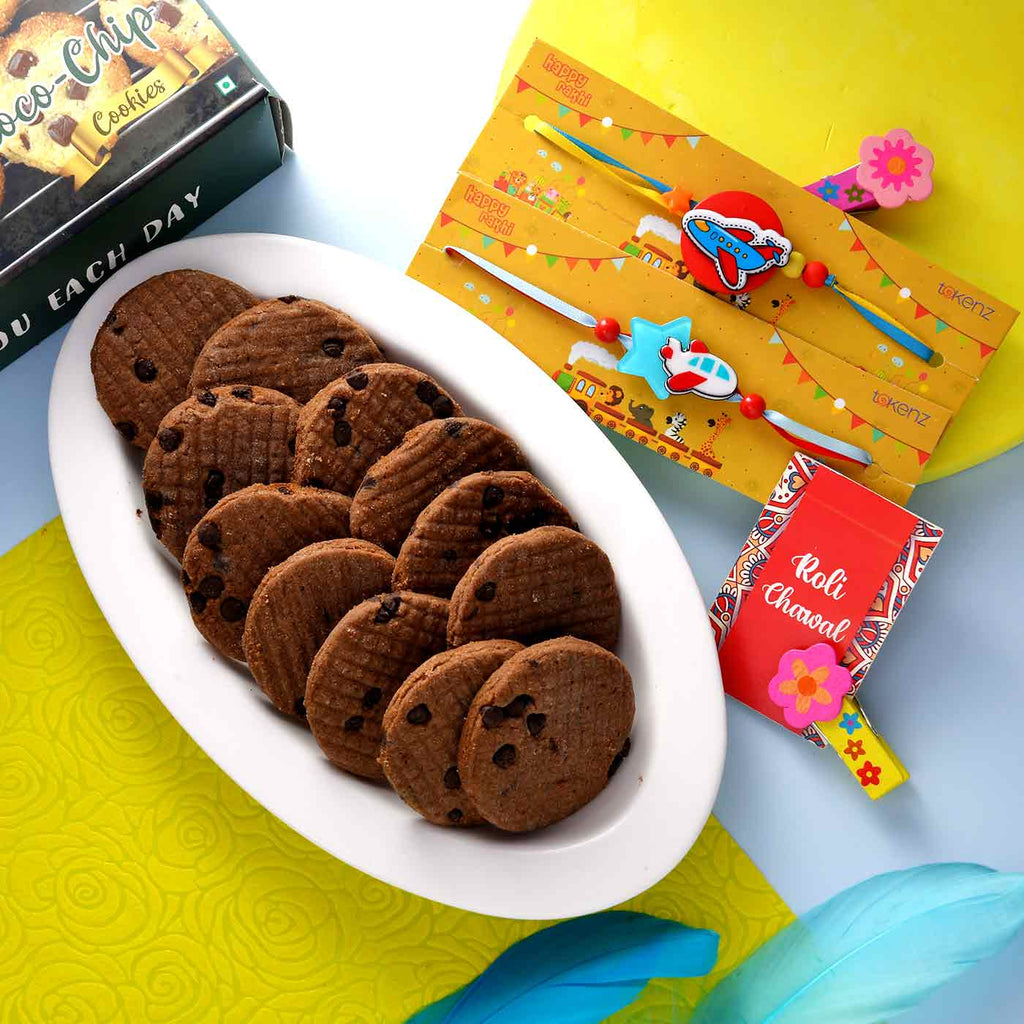 Aeroplane Rakhis Set Of 2 With Chocochip Cookies