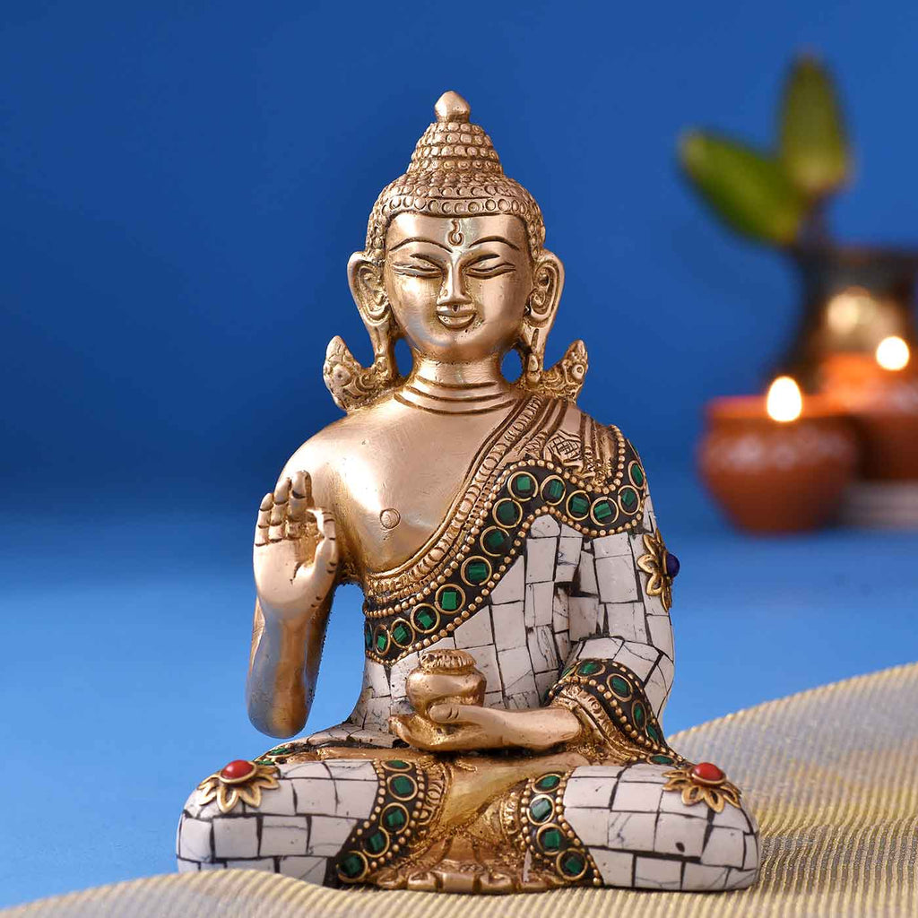 Stone Work Meditating Buddha Brass Idol
