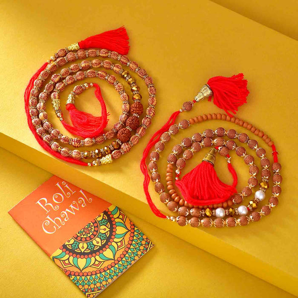 Auspicious Set Of 2 Rudraksh Rakhi With Chocolate