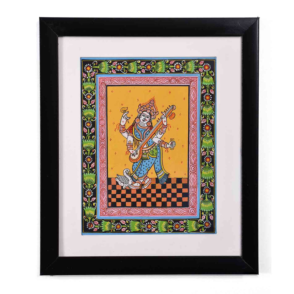 Dancing Saraswati In Colorful Pattachitra Painting (11.5*13.5 Inches)