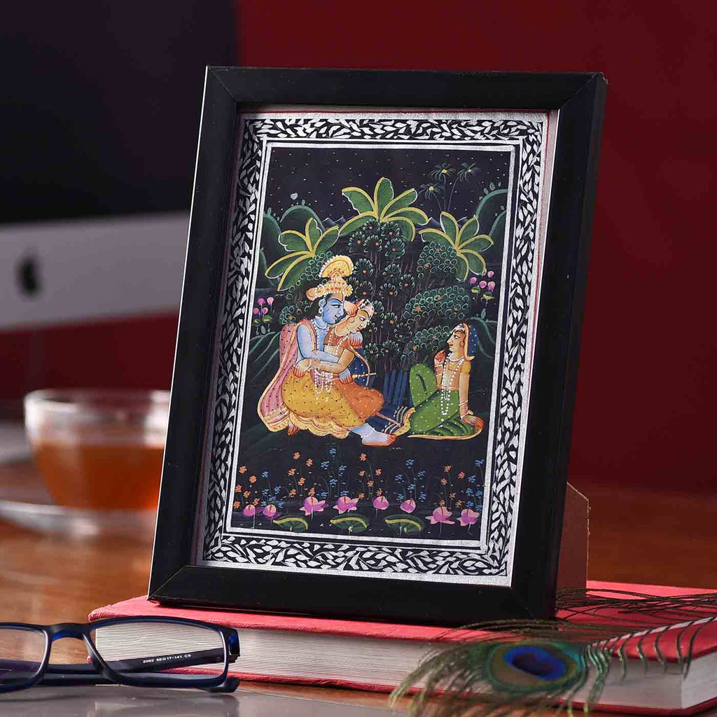 Deep-Love Radha-Krishna Desktop Painting (Framed, 5.5*7.5 Inches)