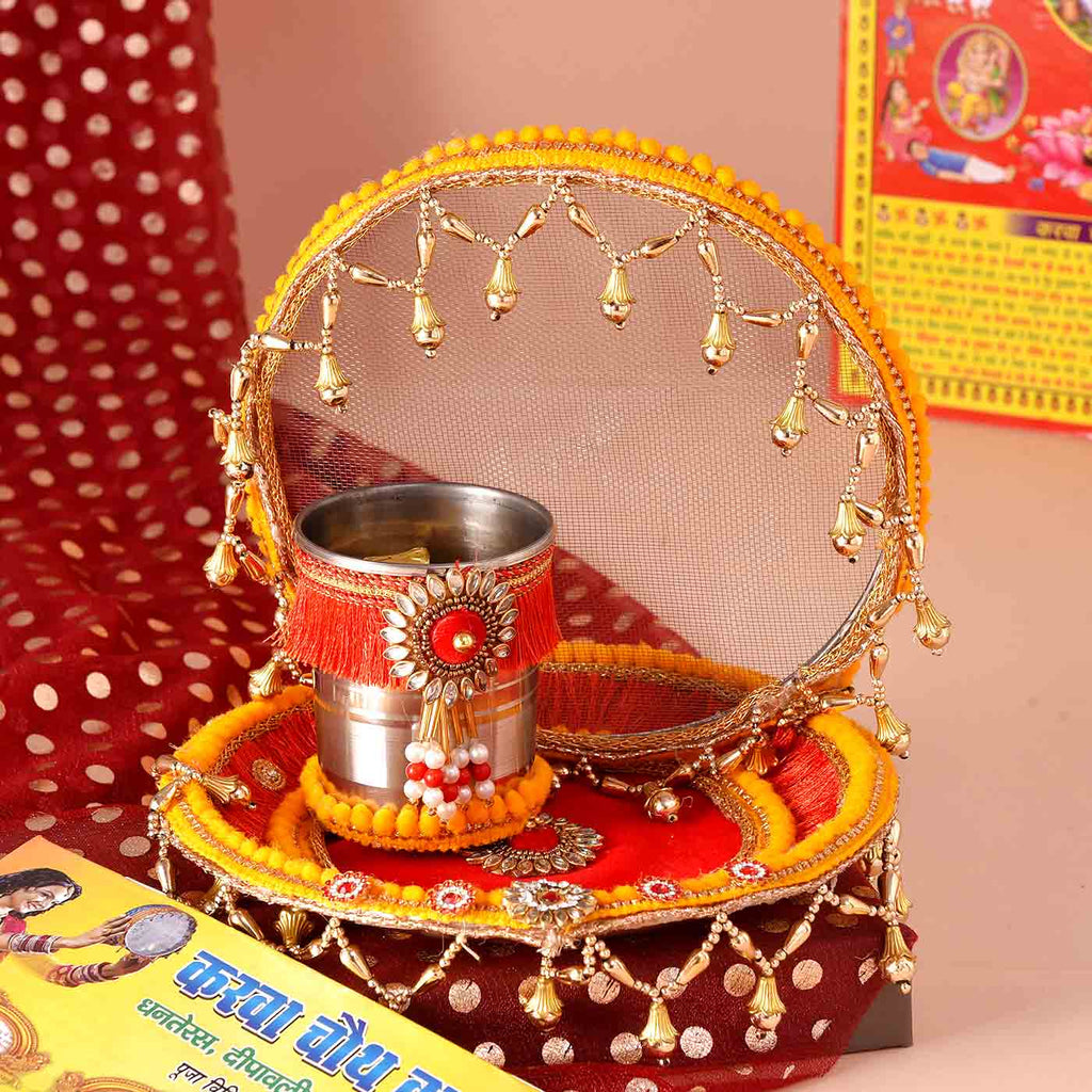 Spectacular Karwachauth Set Of Thali, Chalni, Glass, Chunri With Vrat Book & Calendar