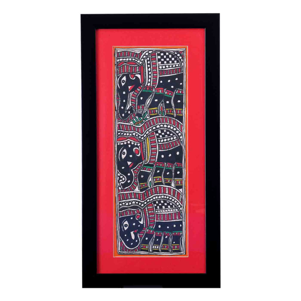 Prosperous Elephant Madhubani Painting (Framed, 10*19 Inches)