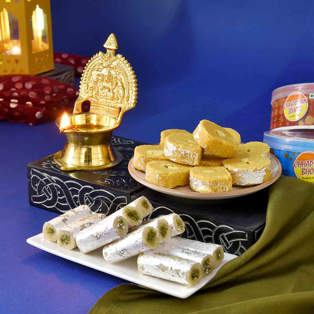 Brass Kamakshi Diya With Pista Roll & Batisha Slice