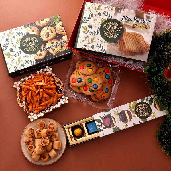 Exotic Hamper Of Cookies, Namkeen & Chocolate In Basket