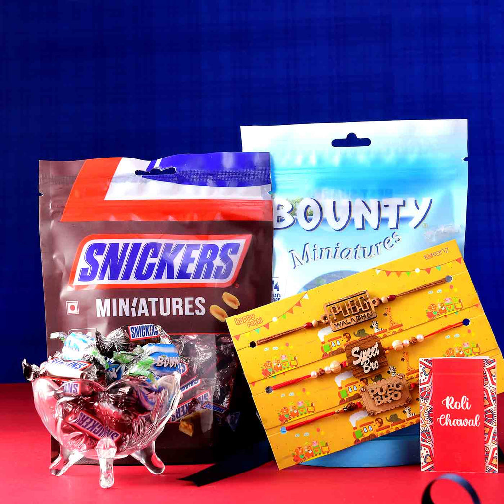 BRO Set Of 3 Rakhis With Miniature Chocolate Candy