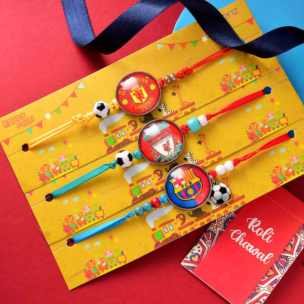 Soccer Set Of 3 Rakhis With  Miniature Chocolate Candy