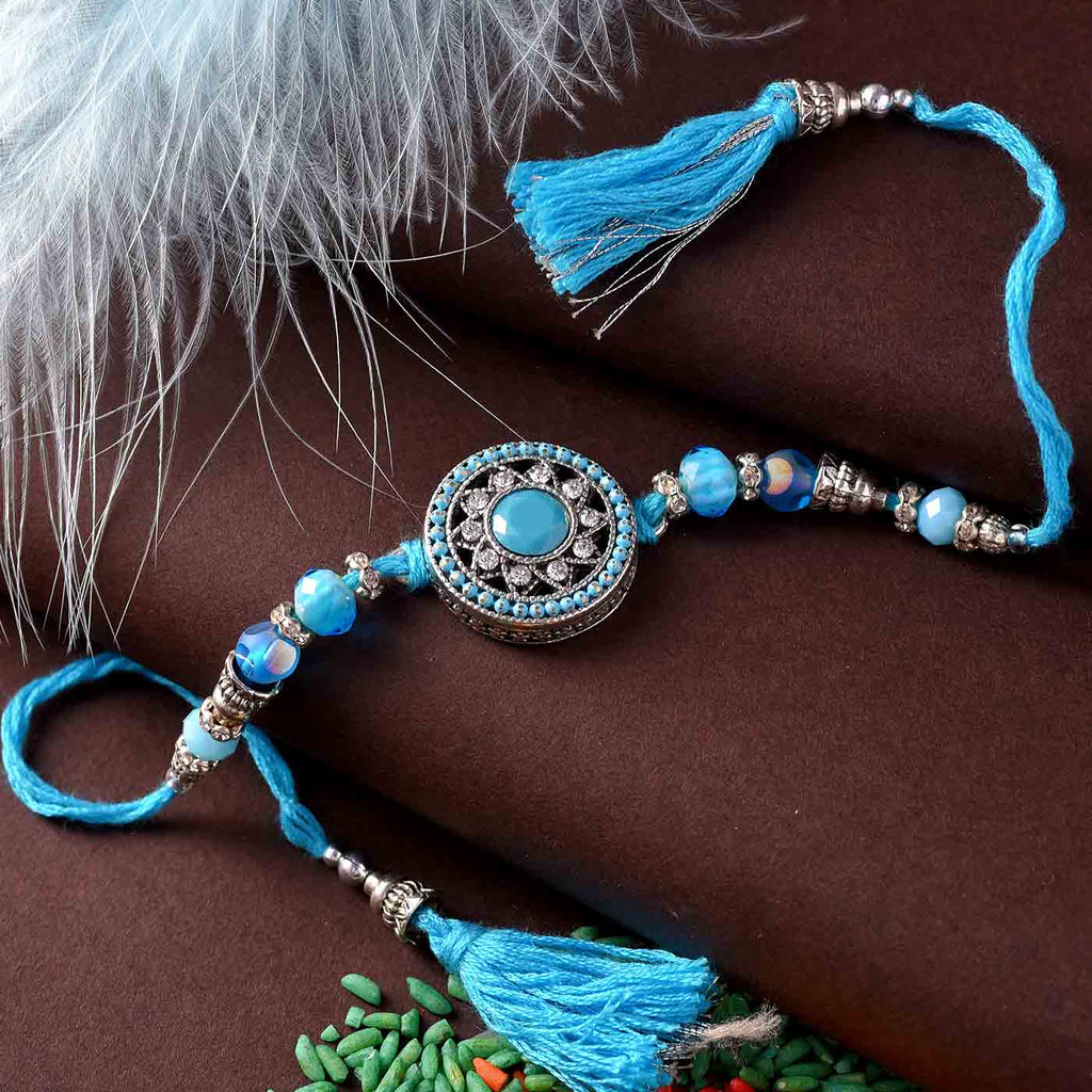 Blue Round Designer Beads & Stones Rakhi