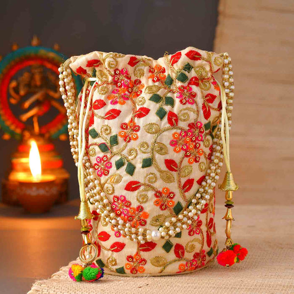Richly Embroidered Potli Bag With Handle