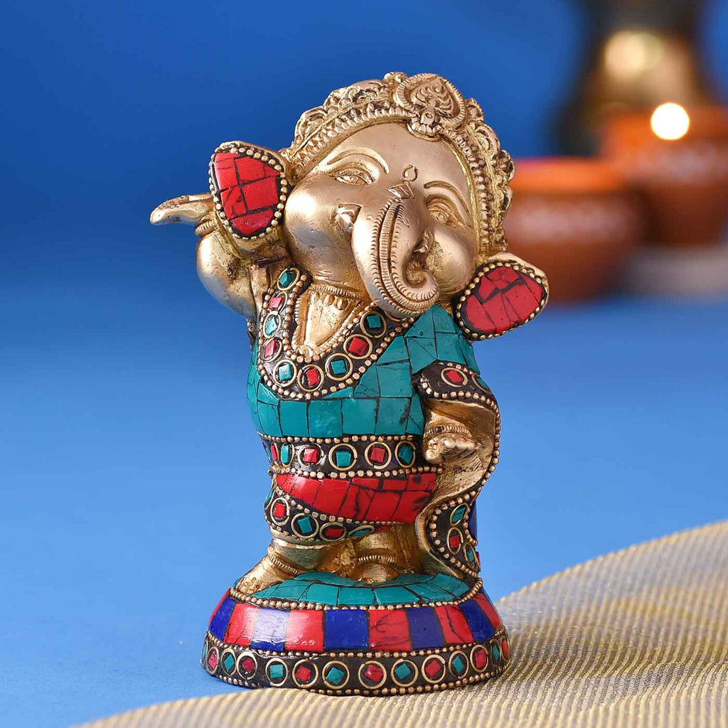 Colourful Cheerful Ganesha Brass Idol