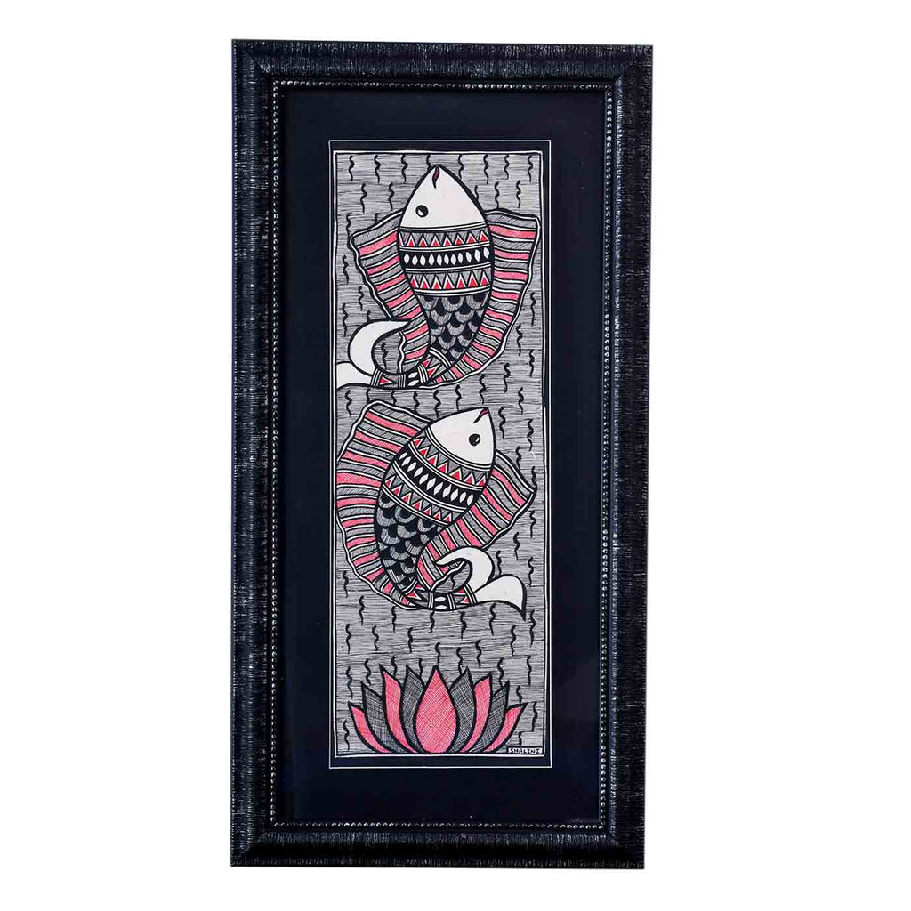 Awe-Inspiring Fish Madhubani Painting (Framed, 10*19 Inches)