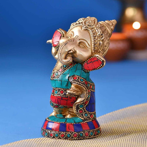 Colourful Cheerful Ganesha Brass Idol