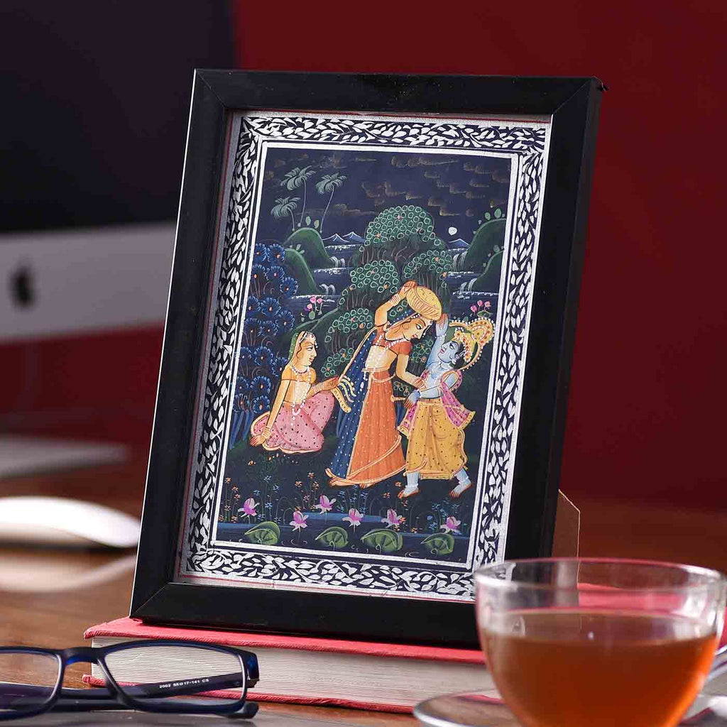 Playful Radha-Krishna Desktop Painting (Framed, 5.5*7.5 Inches)