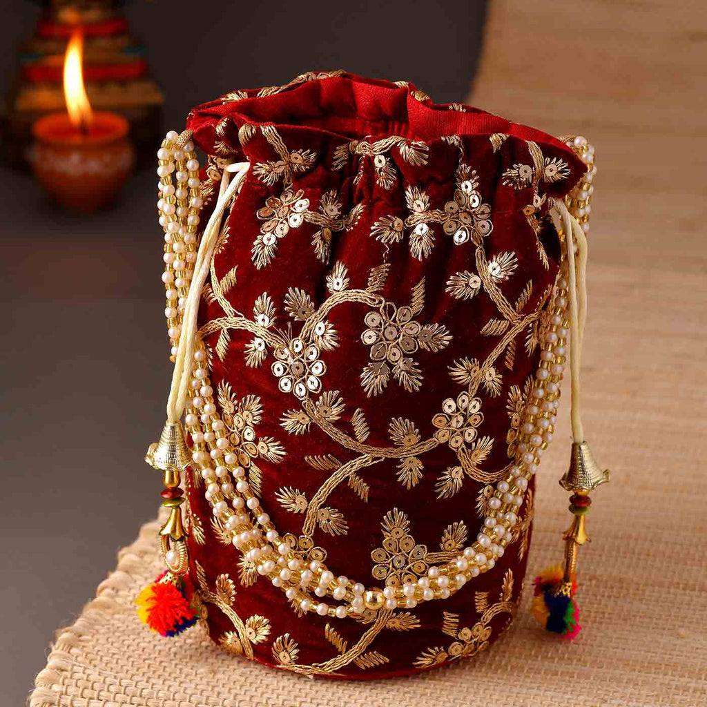 Maroon Gloss Velvet Zari Embroidered Potli Bag