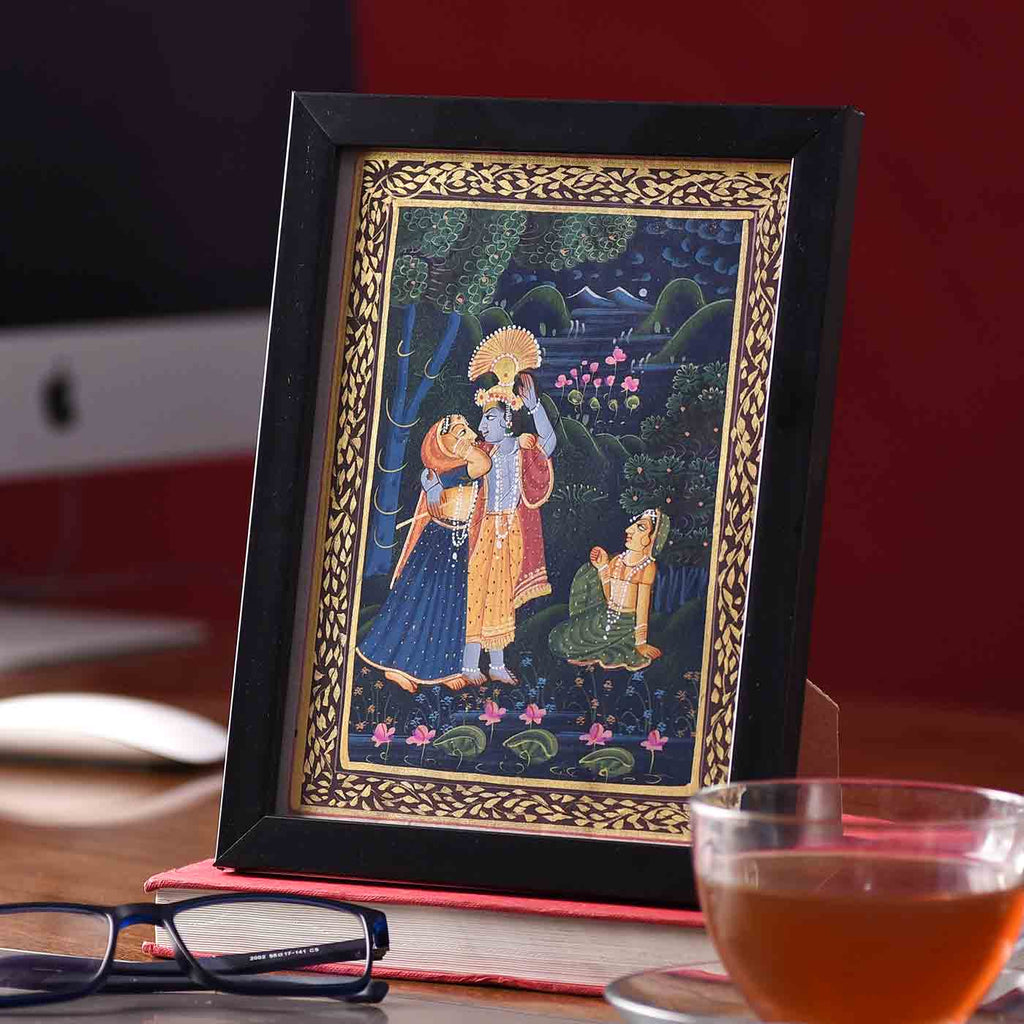 Romantic Radha-Krishna Desktop Painting (Framed, 5.5*7.5 Inches)