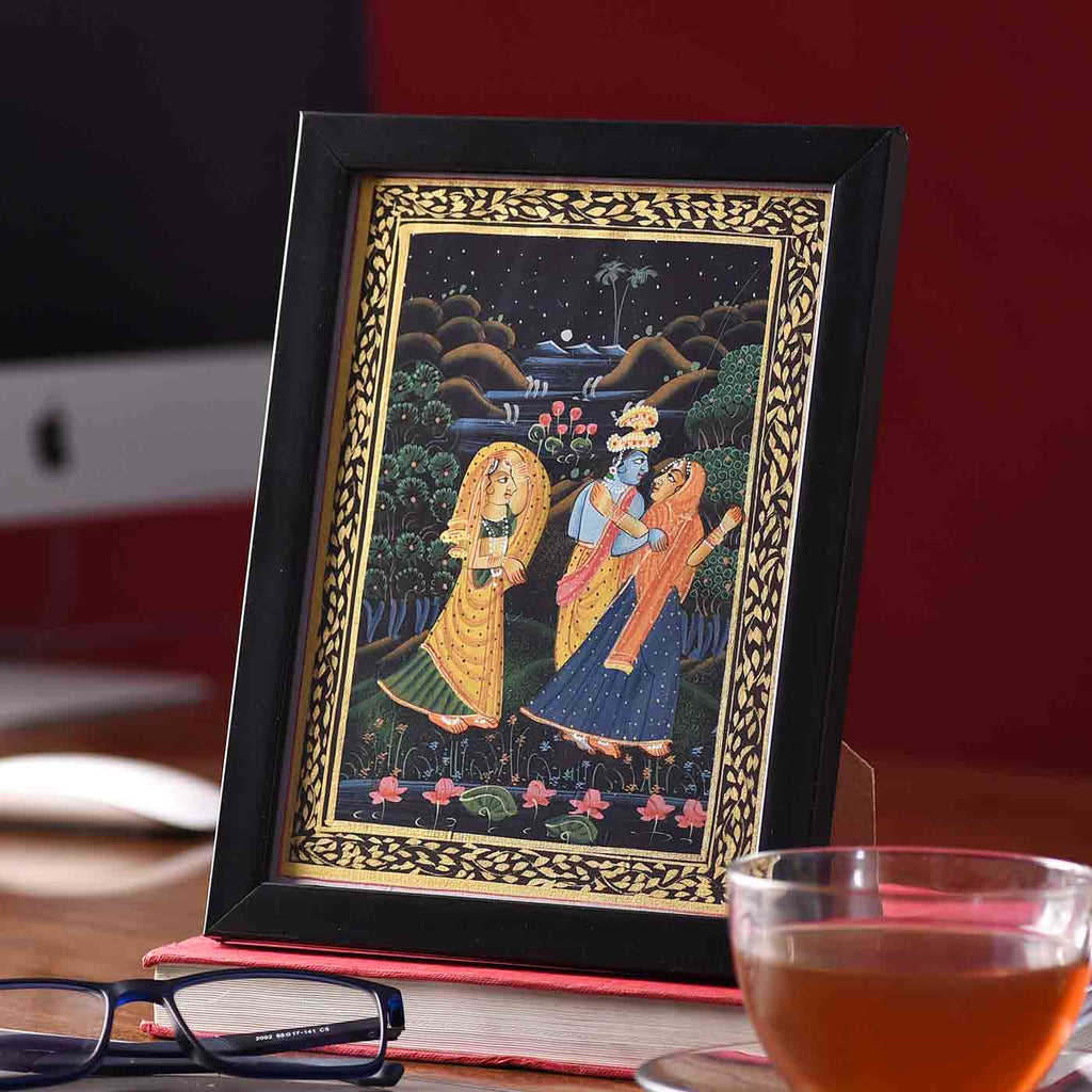 Fascinating Radha-Krishna Desktop Painting (Framed, 5.5*7.5 Inches)