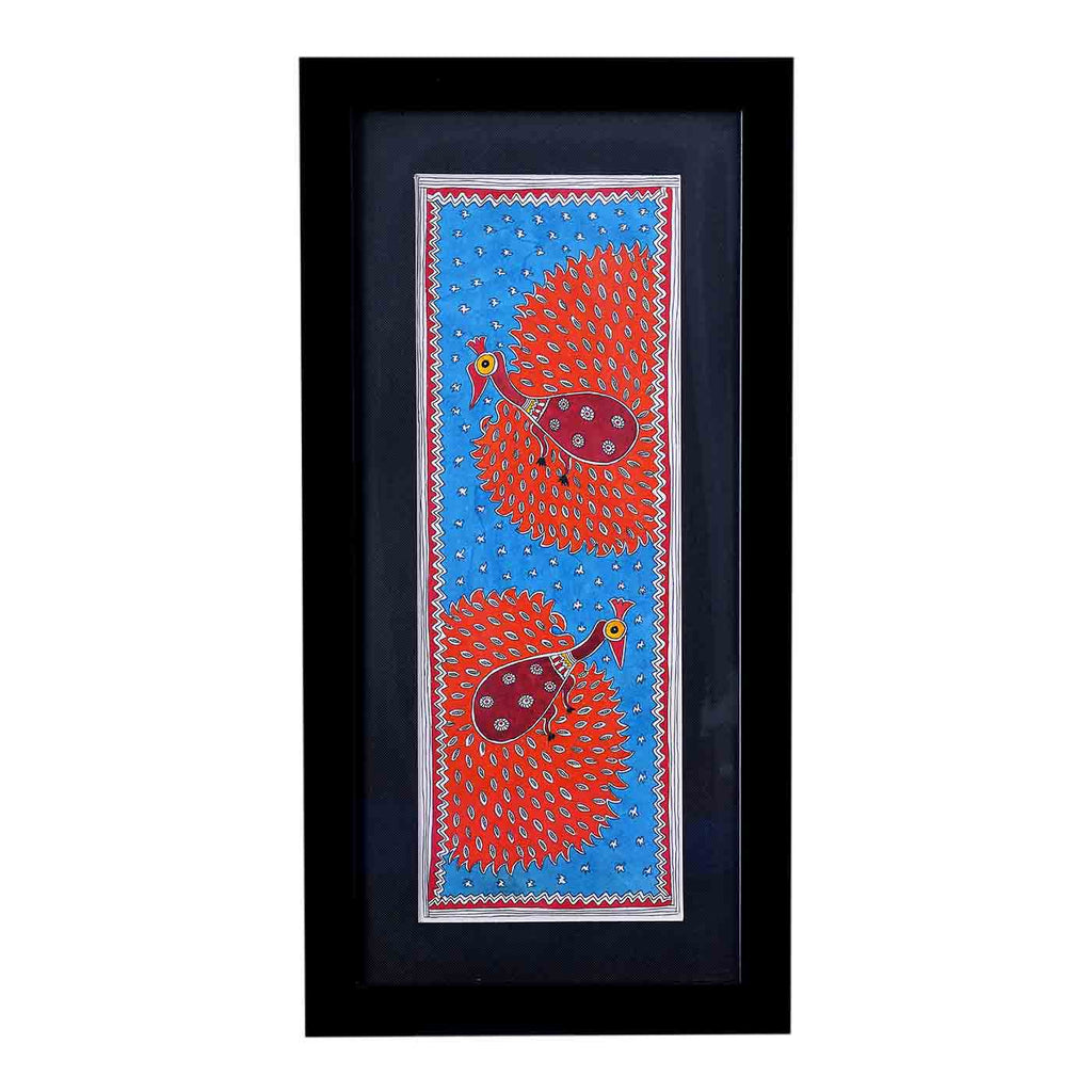 Enticing Peacock Madhubani Painting (Framed, 10*19 Inches)