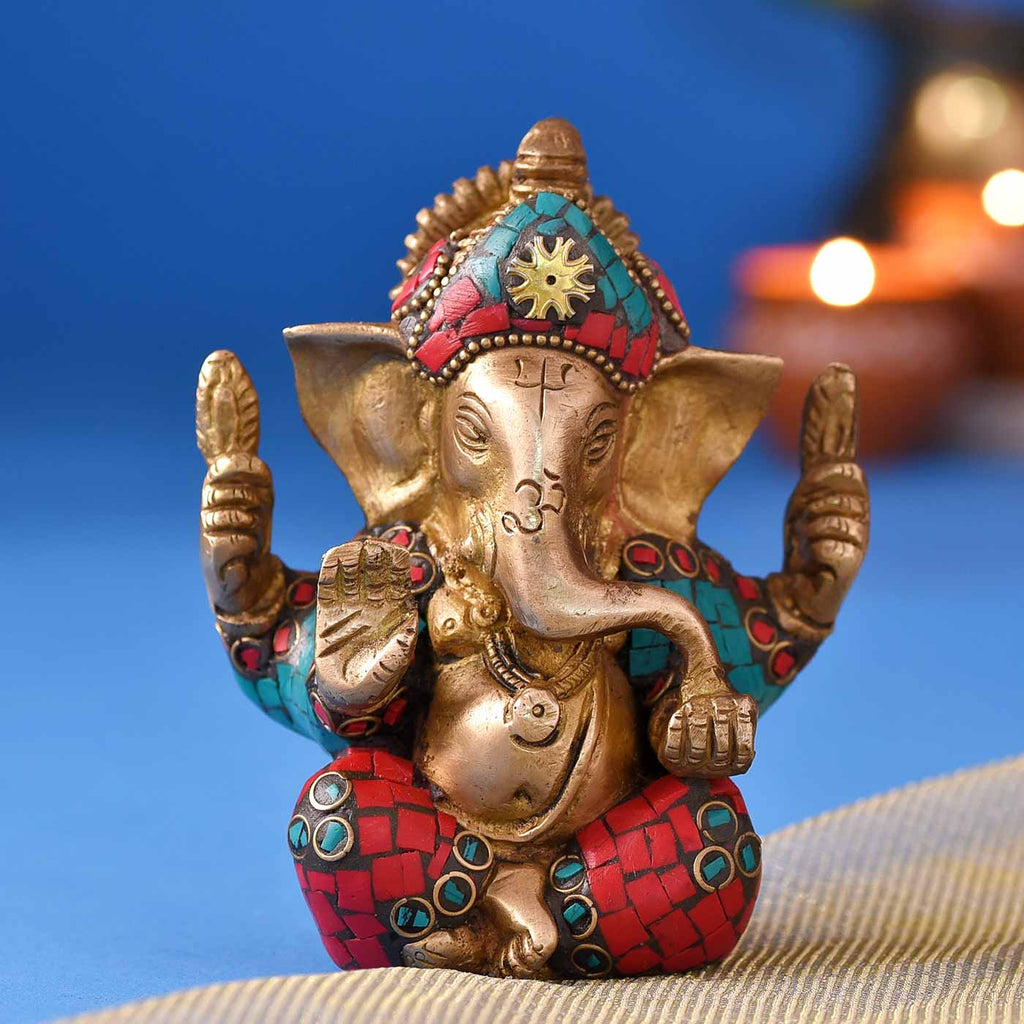 Auspicious Colourful Ganesha Brass Idol