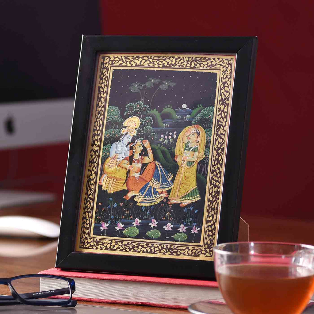 Caring Radha-Krishna Desktop Painting (Framed, 5.5*7.5 Inches)