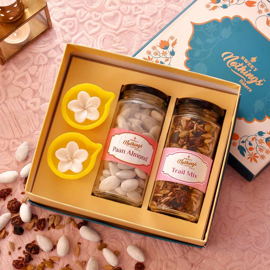 Elegant Hamper Of Paan Almond & Trail Mix With 2 Diya-Floral Candles