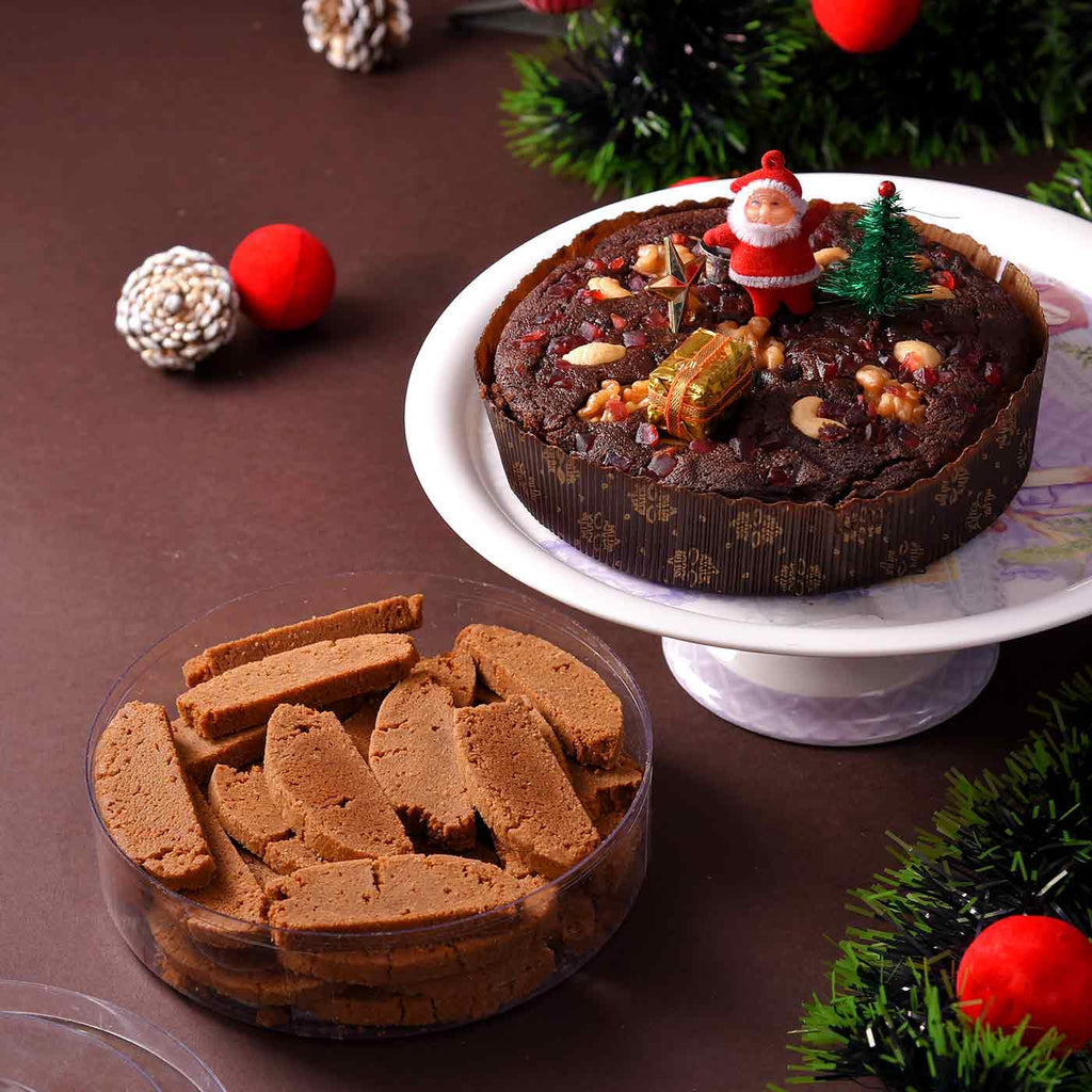 Delicious Christmas Combo Of Cashew Walnut Plum Cake With Coffee Biscotti