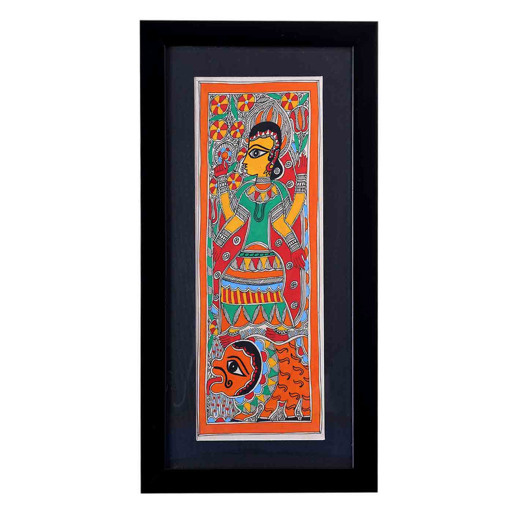 Empowered Durga Madhubani Painting (Framed, 10*19 Inches)