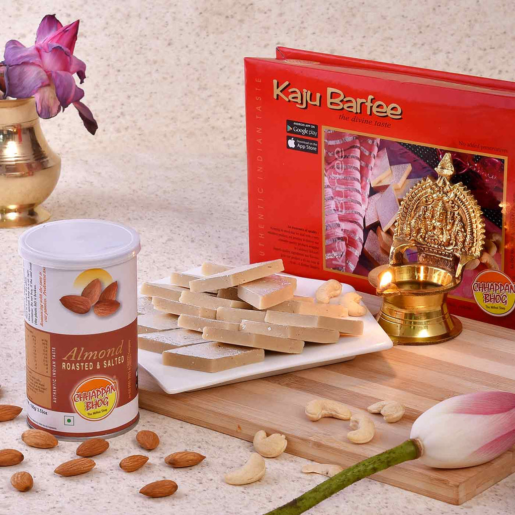 Hamper of Kamakshi Brass Diya, Kaju Barfee And Roasted Almonds