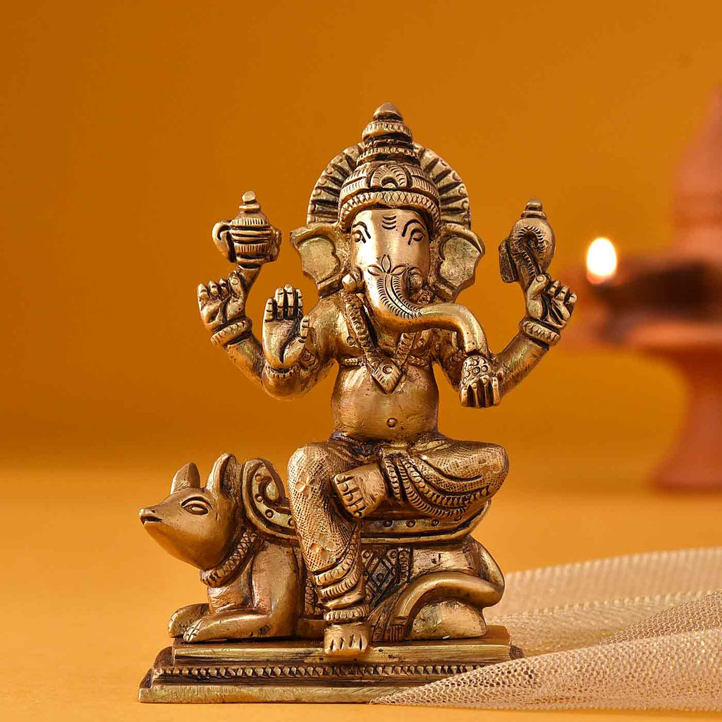 Blissful Ganesha On Mouse Brass Idol